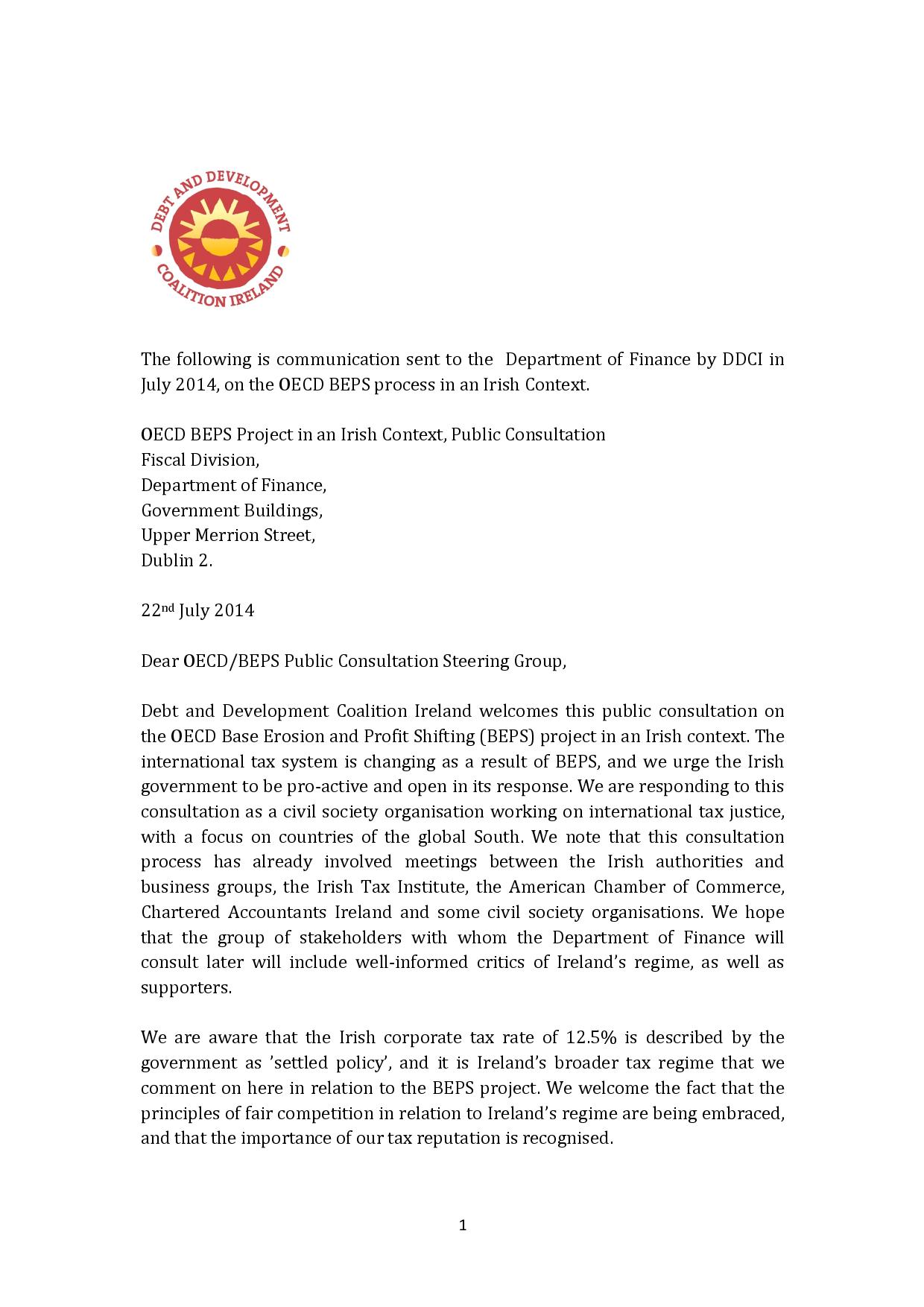 Publication cover - DDCI submission to OECD BEPS consultation July 2014